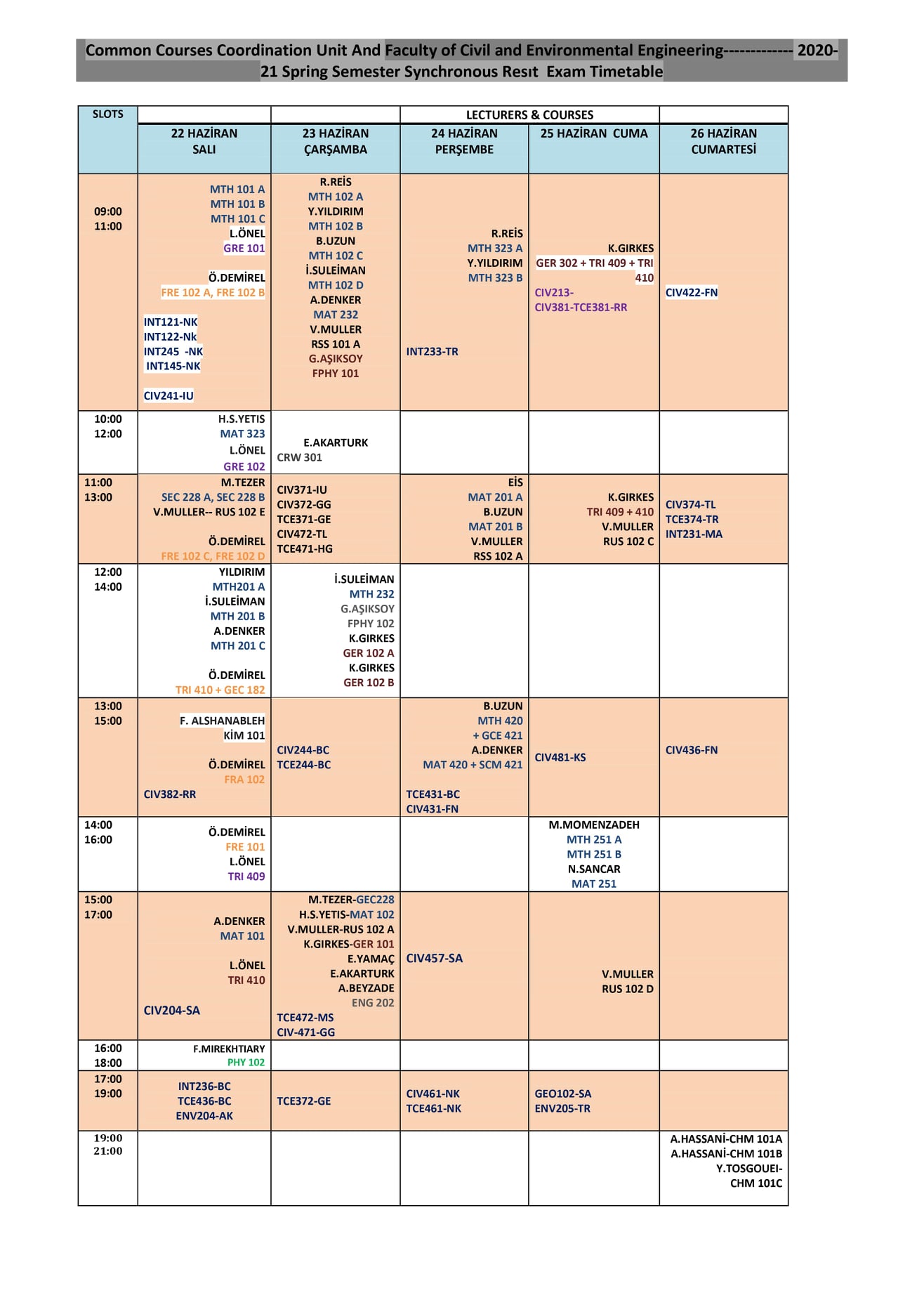 2020-2021 Spring Semester Resit Exam Timetable – NEU, Faculty of Civil